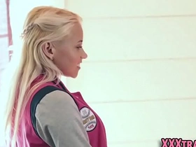 Small tits blonde teen gets facial after doggystyle sex