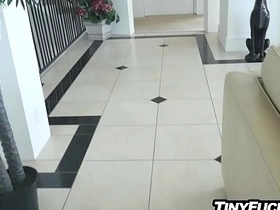 Petite babysitter gets caught and seduced by a well-endowed client