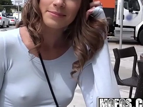 Slender Kirsten Lee exposes her tiny pussy in public bathroom