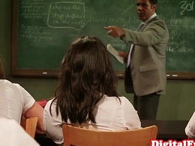 A slender sorority member with natural breasts engages in sexual activities with her educator