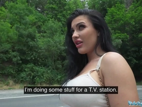 Hitch-hiker with amazing large breasts receives a massive cock in public